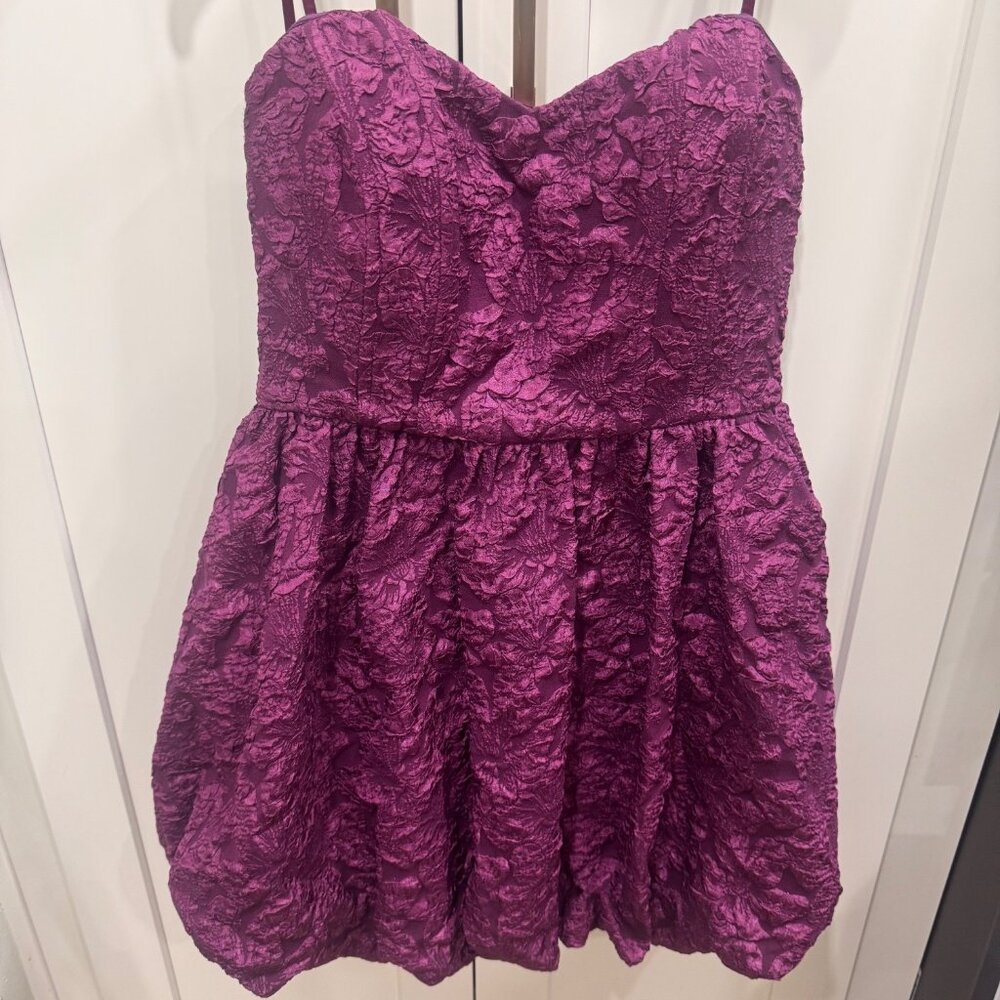 BCX Womens Strapless Textured Bubble Hem Mini Dress Floral Embossed Size L Plum
